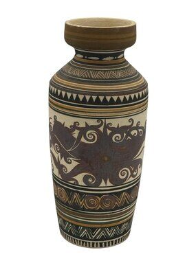 Vtg Earthenware Pottery Vase Handmade Painted Etched Brown Black Malaysia 11.5"